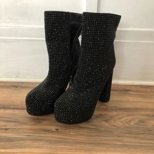 Black rhinestone platform thick heels